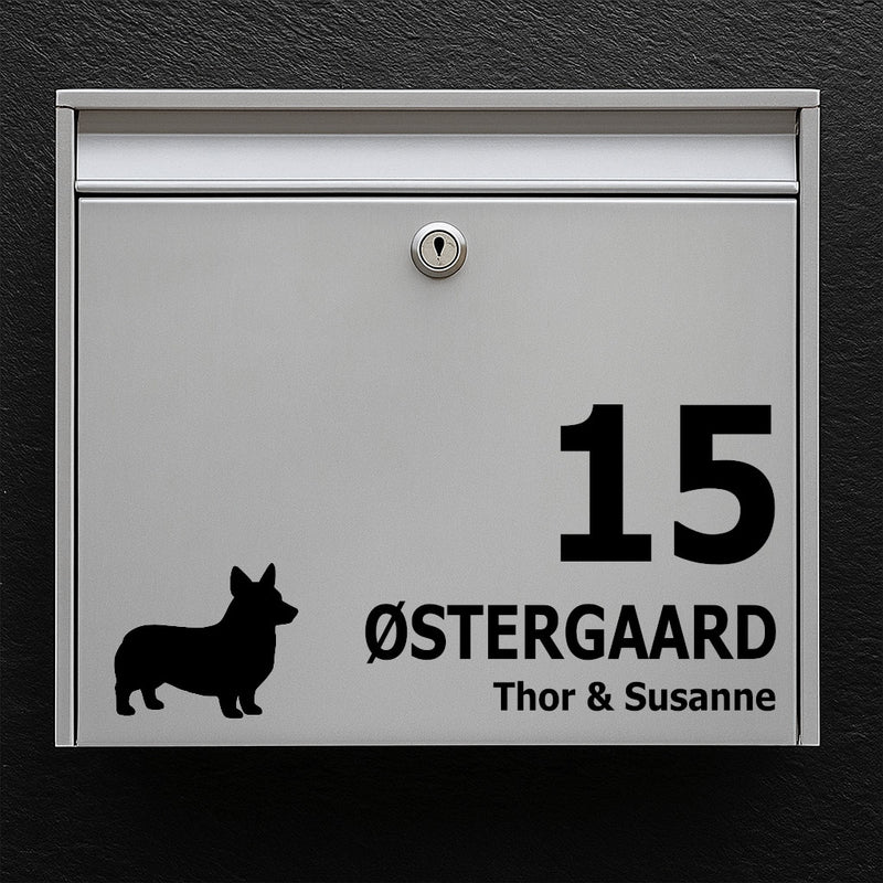 Postkasse-sticker med corgi i silhuet – personlig navneskilt og husnummer – vejrbestandig vinyl