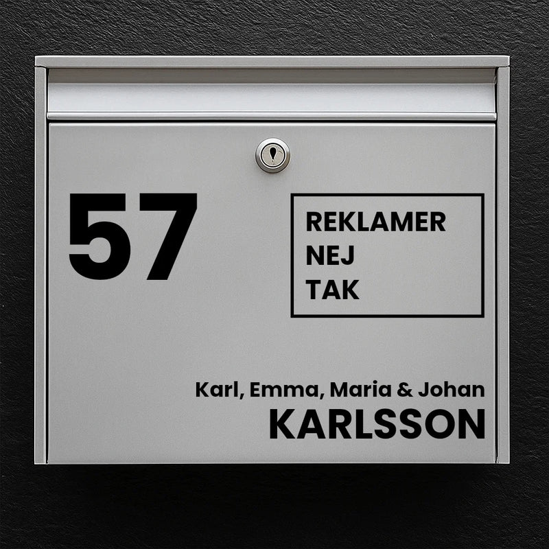 Postkassesticker – stort husnummer, reklamefri kvadrat-badge & efternavn (med fornavnslinje)