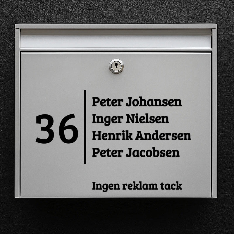 Postkassesticker – stort husnummer med lodret skillelinje, navneliste & “Ingen reklamer”-linje
