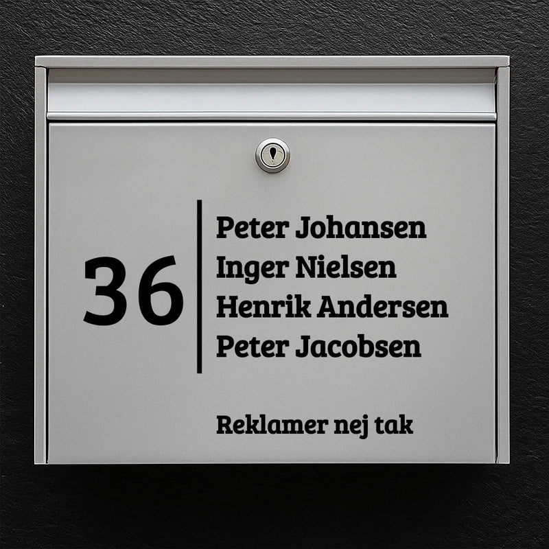 Postkassesticker – stort husnummer med lodret skillelinje, navneliste & “Ingen reklamer”-linje