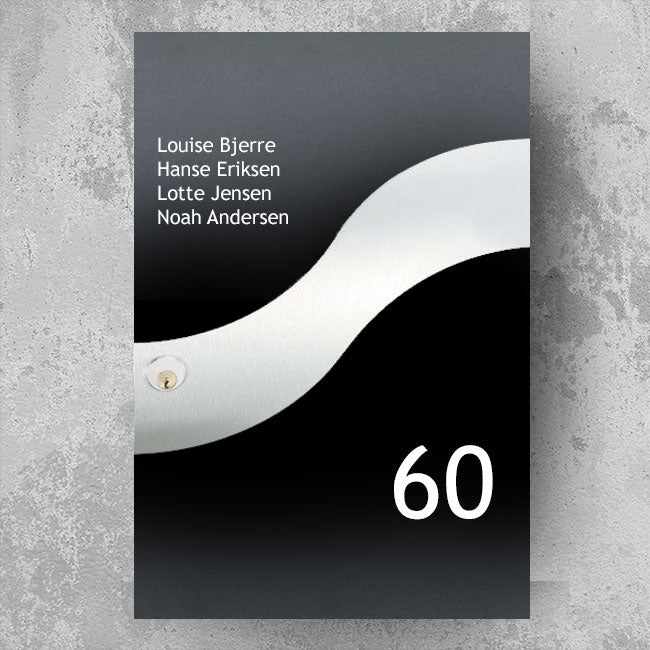 Postkasse-sticker i buet/bølge-design – navneliste i flere linjer og stort husnummer – vejrbestandig vinyl