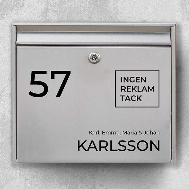 Postkassesticker – stort husnummer, reklamefri kvadrat-badge & efternavn (med fornavnslinje)