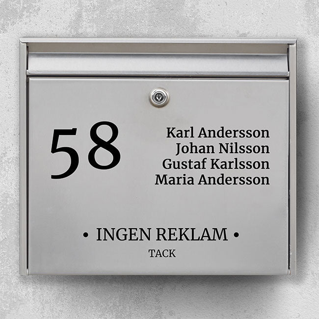 Navneskilt til postkasse – flere navne + husnummer og “Ingen reklam” tekst – tilpasset design i holdbar udendørs vinyl