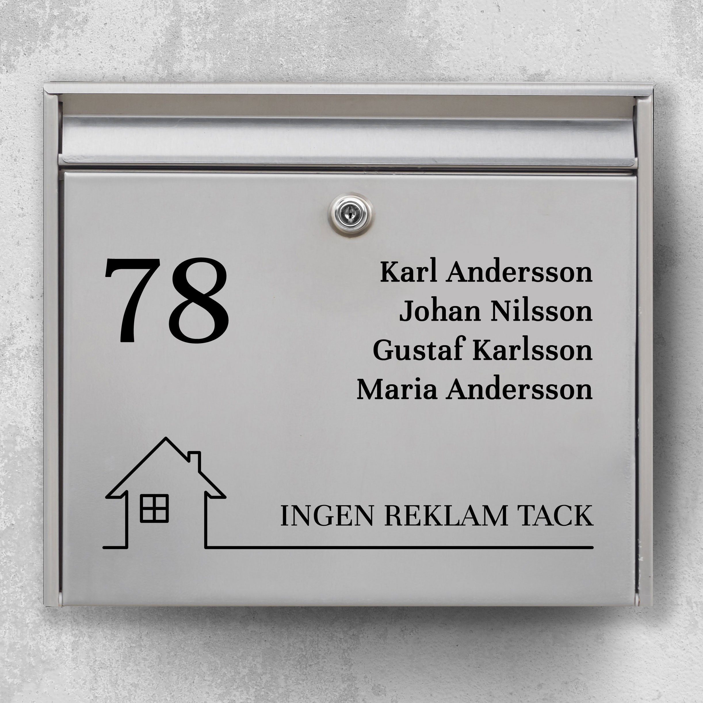 Postkassesticker – stort husnummer, navneliste & hus-ikon med “Ingen reklamer”-baseline