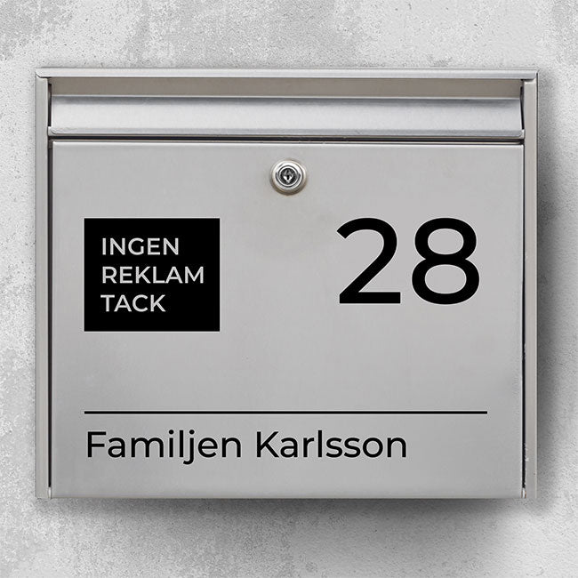 Postkassesticker – sæt med “Ingen reklamer”, stort husnummer & familienavn (baseline)