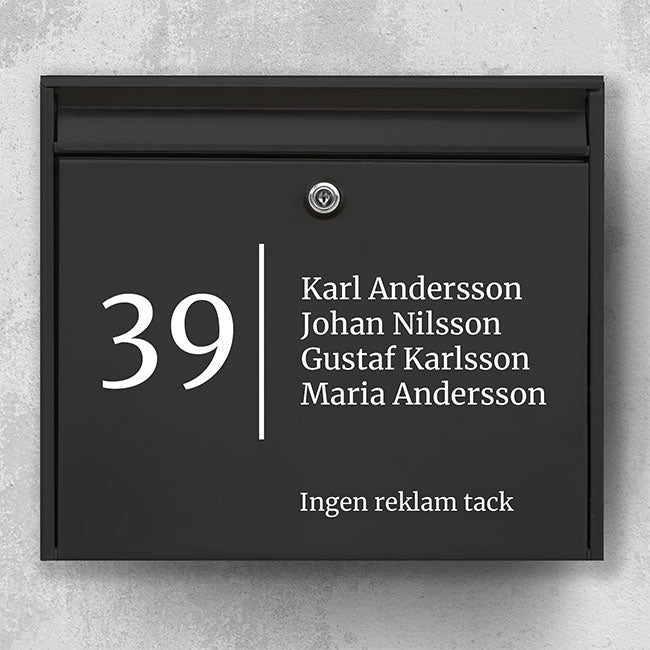 Postkassesticker – stort husnummer med lodret skillelinje, navneliste & “Ingen reklamer”-linje