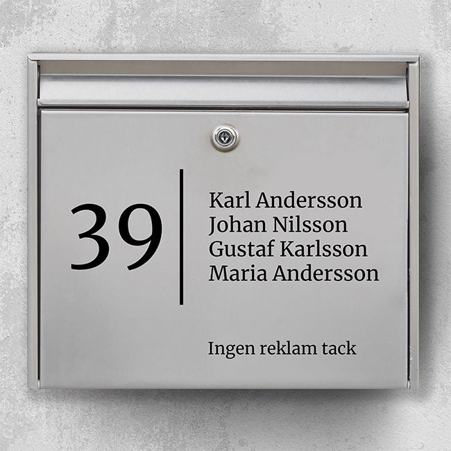 Postkassesticker – stort husnummer med lodret skillelinje, navneliste & “Ingen reklamer”-linje