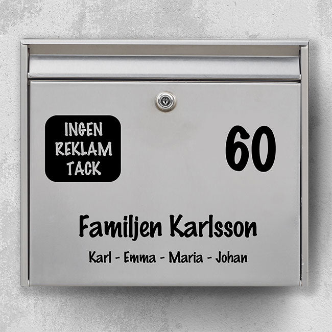 Navneskilt til postkasse – afrundet ikon med “Ingen reklamer, tak”, tydeligt tal og linje til familienavne – robust udendørs klistermærke