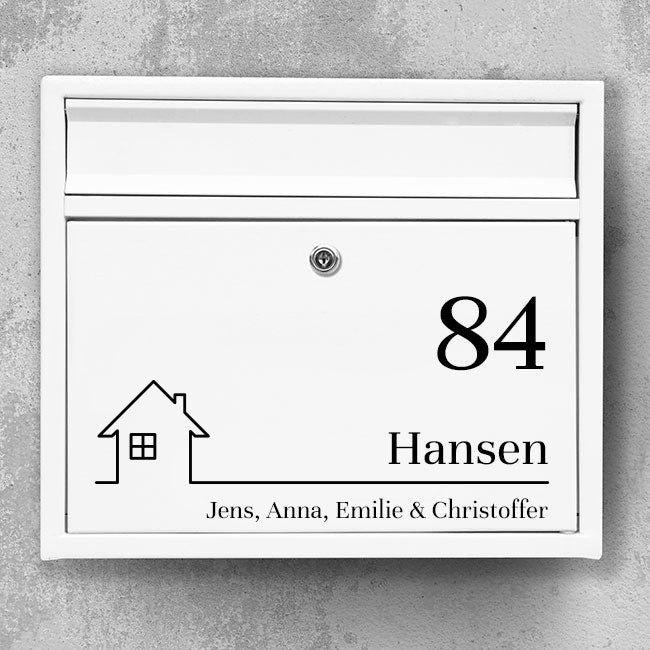 Postkassesticker – hus-ikon, stort husnummer & familienavn