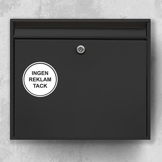 Postkassesticker – “Ingen reklamer tak” i rundt badge med dobbeltkant