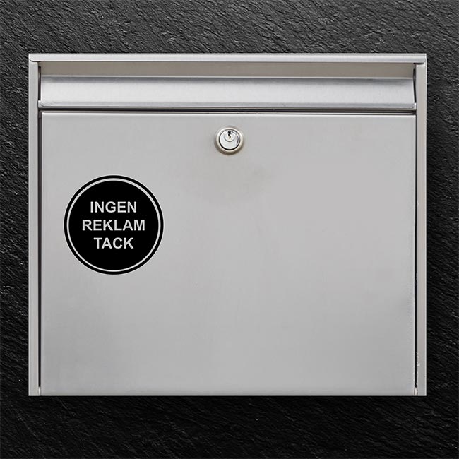 Postkassesticker – “Ingen reklamer tak” i rundt badge med dobbeltkant