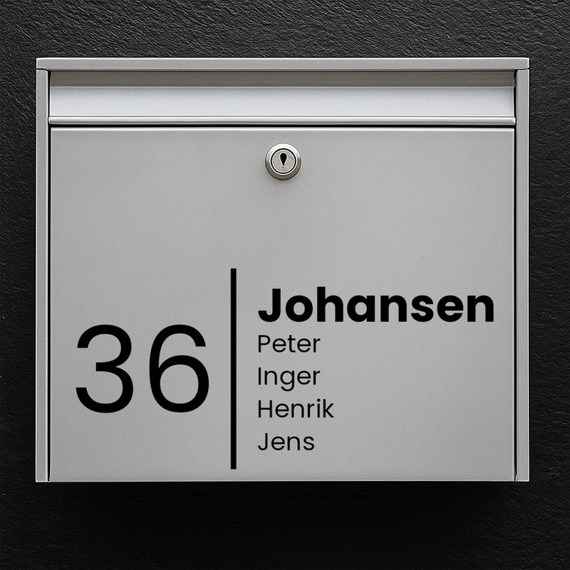 Postkassesticker – stilfuldt design med efternavn, fornavne & husnummer