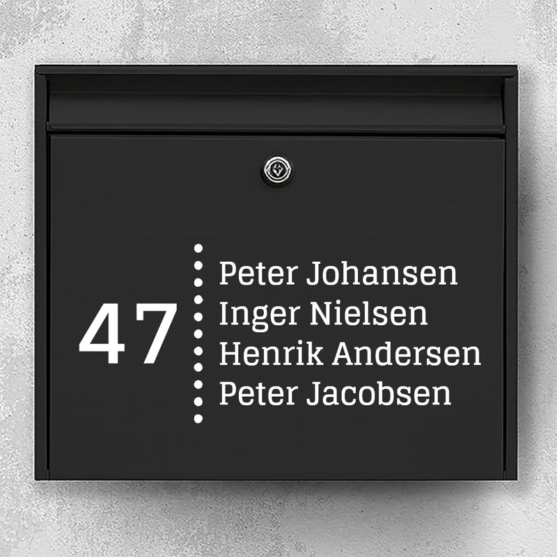 Postkassesticker – husnummer med prikket skillelinje & navneliste