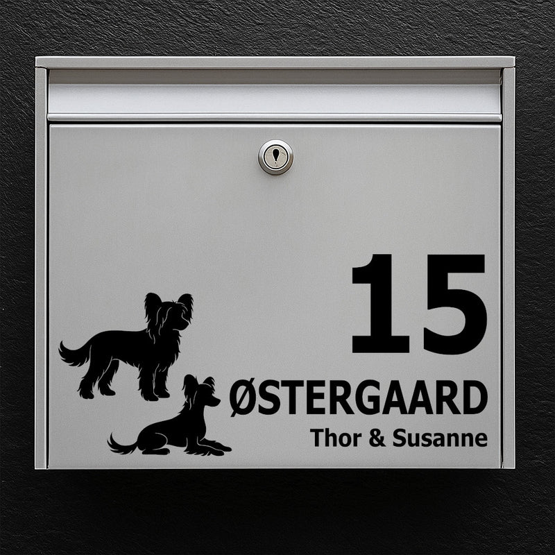 Postkasse-sticker med Chinese Crested motiv – personlig navne-/husnummerlabel i vejrbestandig vinyl