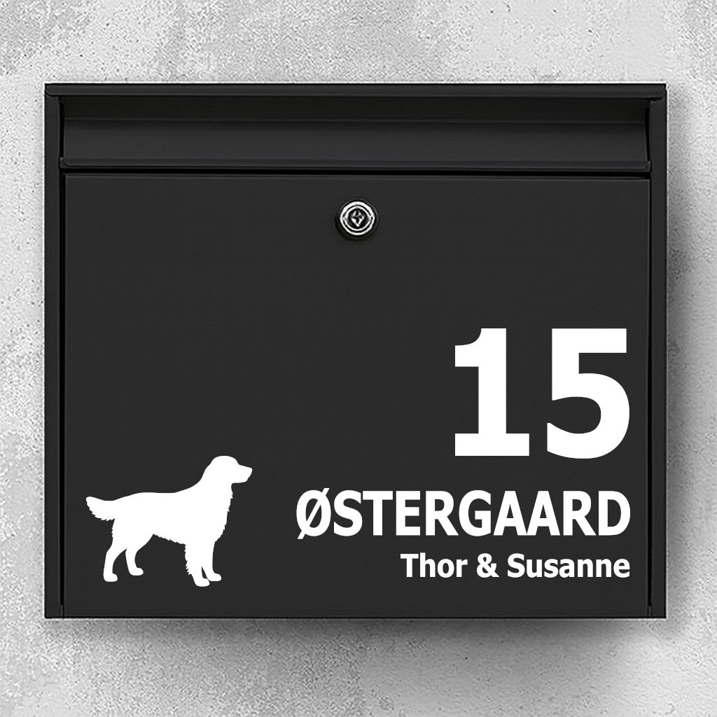 Postkasse-sticker med retriever hund – personlig navnesticker og husnummer – vejrbestandig vinyl