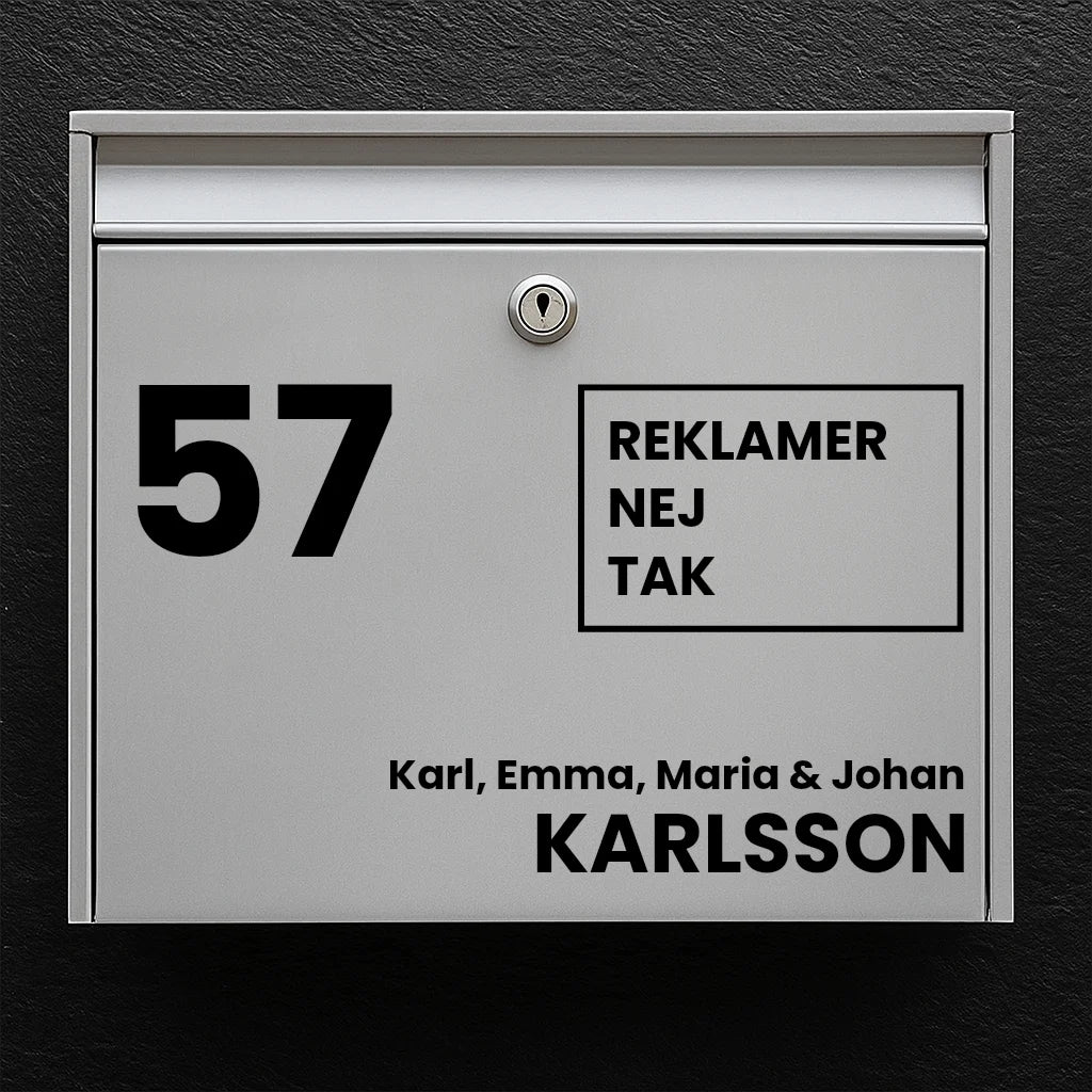 Postkassesticker – stort husnummer, reklamefri kvadrat-badge & efternavn (med fornavnslinje)