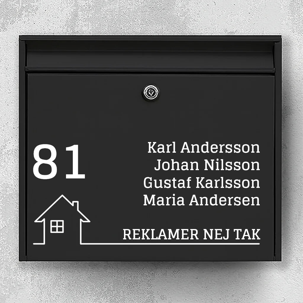 Postkassesticker – stort husnummer, navneliste & hus-ikon med “Ingen reklamer”-baseline