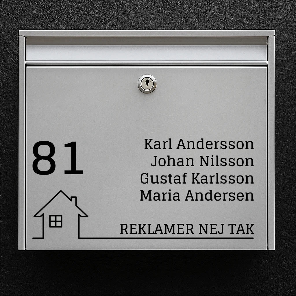 Postkassesticker – stort husnummer, navneliste & hus-ikon med “Ingen reklamer”-baseline