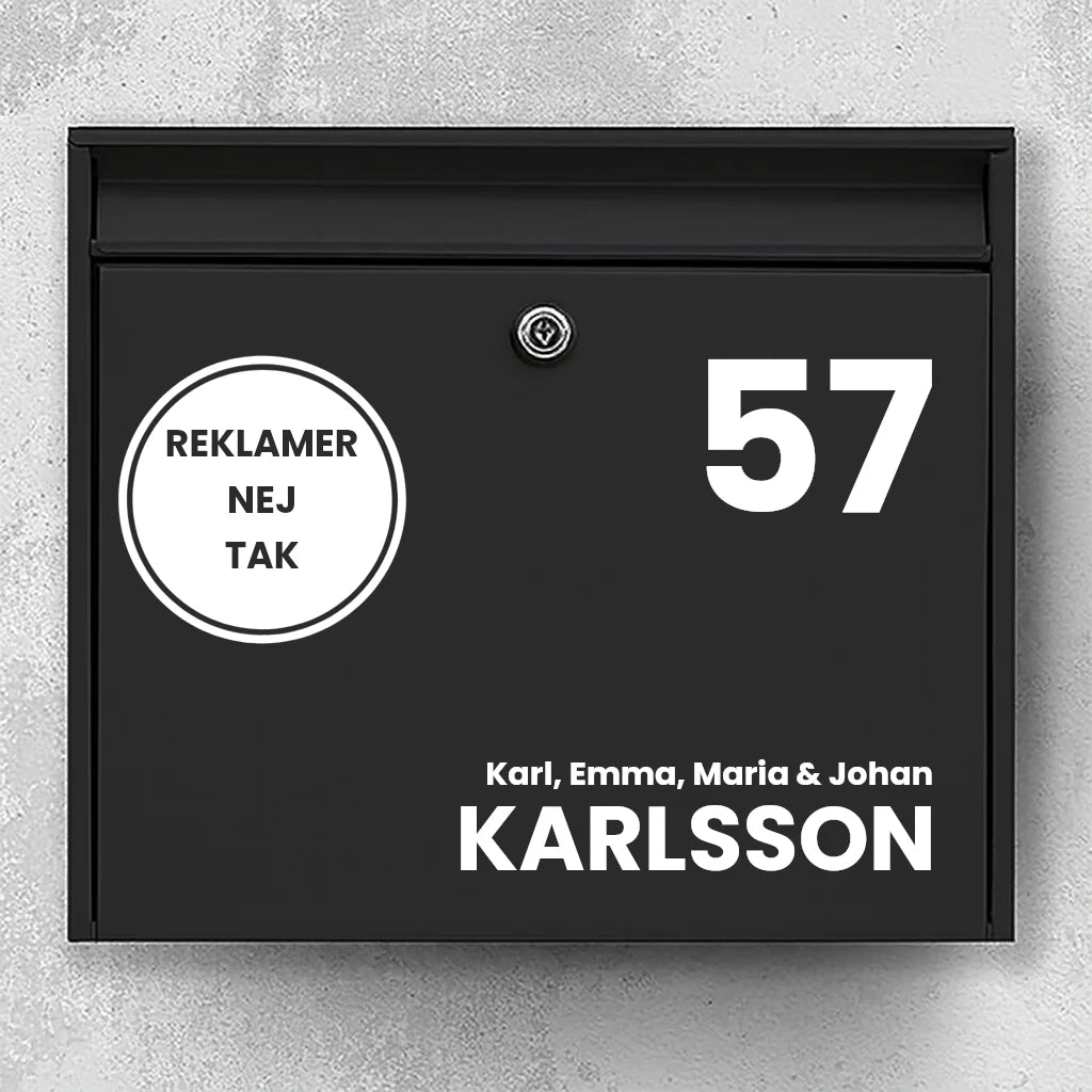 Postkassesticker – stort husnummer, rundt reklamefri-badge & efternavn (med fornavnslinje)