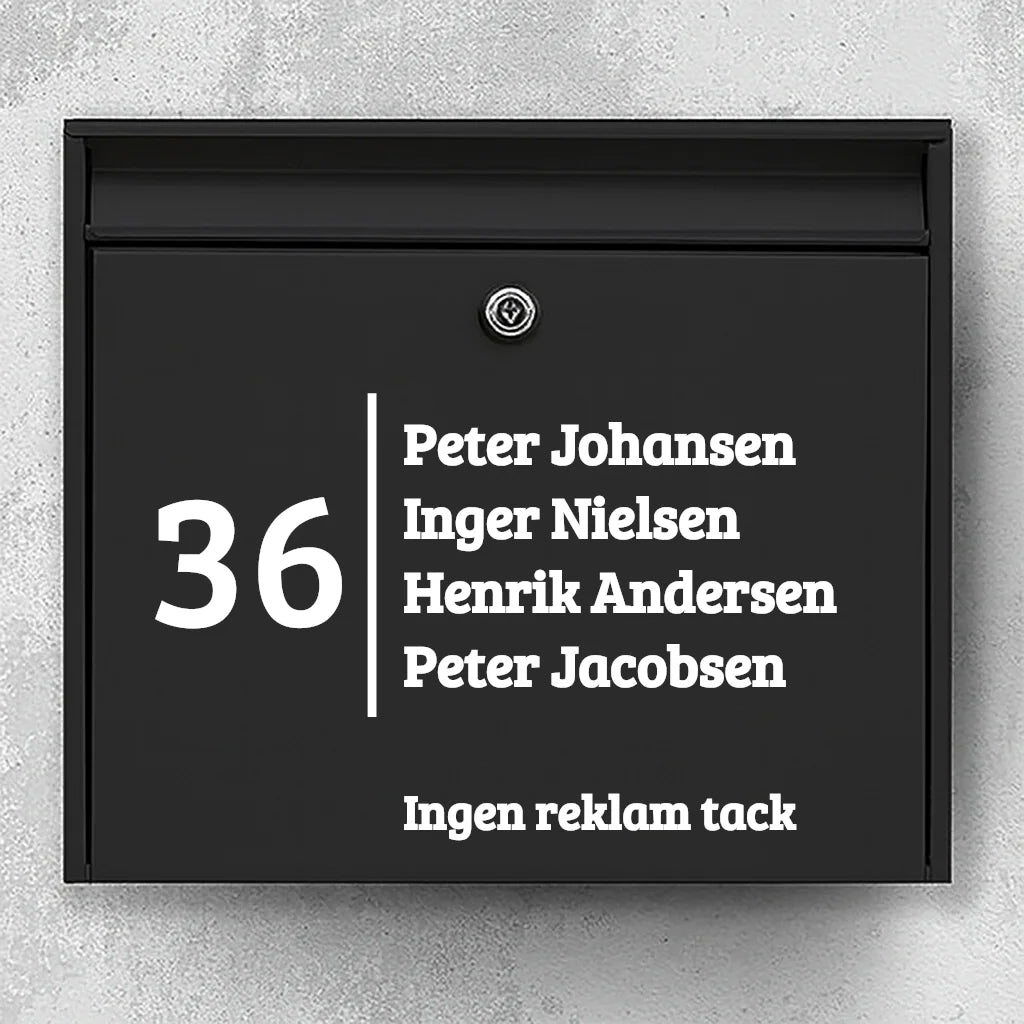Postkassesticker – stort husnummer med lodret skillelinje, navneliste & “Ingen reklamer”-linje