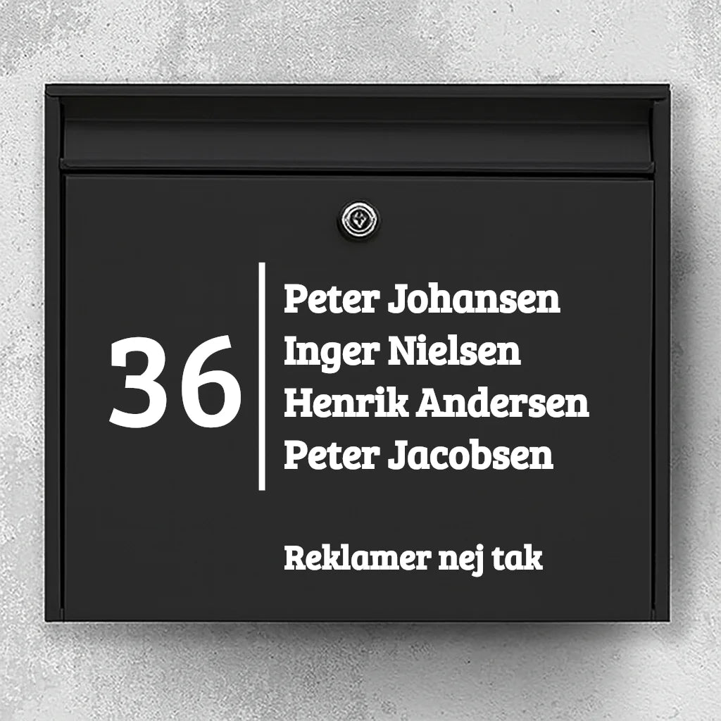 Postkassesticker – stort husnummer med lodret skillelinje, navneliste & “Ingen reklamer”-linje