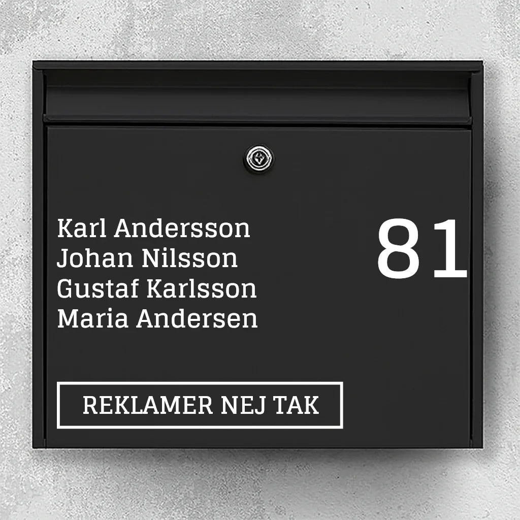 Postkassesticker – navneliste & stort husnummer + “Ingen reklamer”-badge