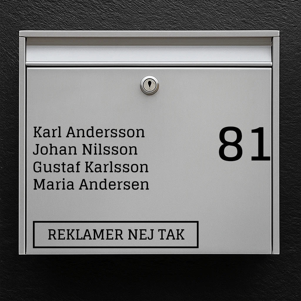 Postkassesticker – navneliste & stort husnummer + “Ingen reklamer”-badge