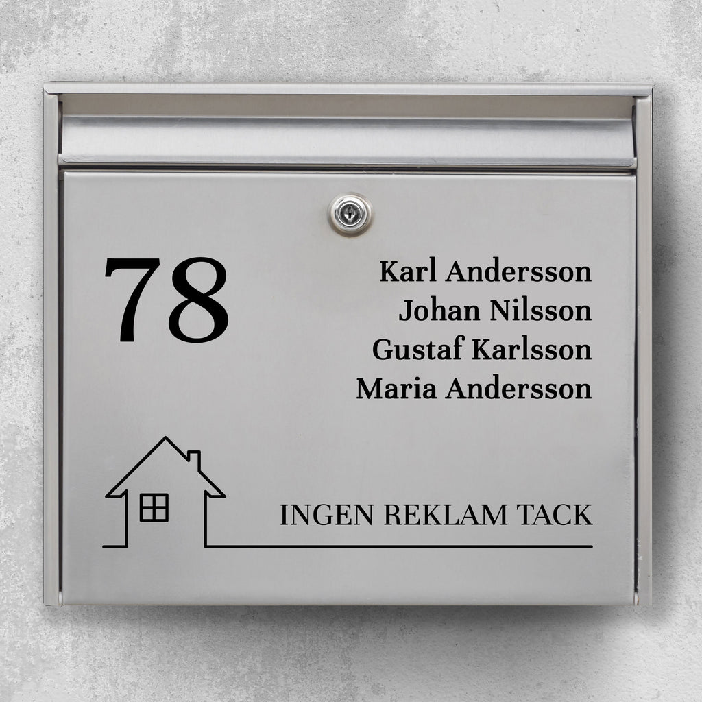 Postkassesticker – stort husnummer, navneliste & hus-ikon med “Ingen reklamer”-baseline