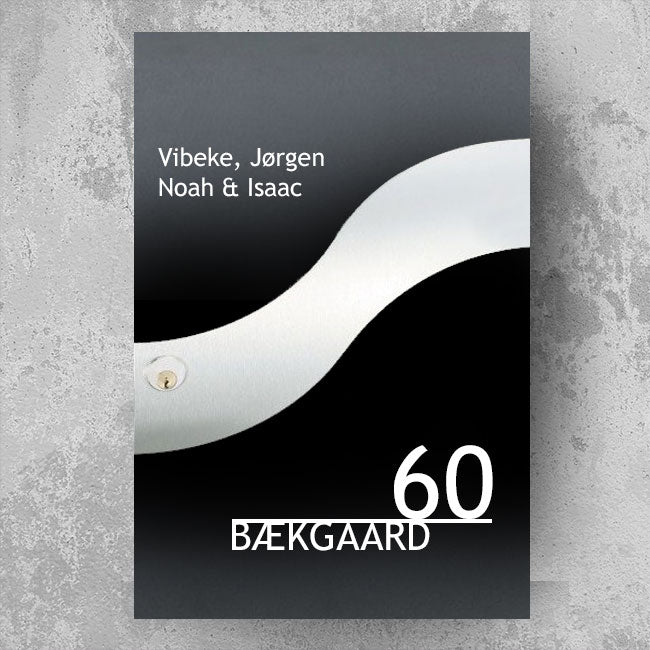 Postkasse-sticker i bølgeformet design – navneliste øverst, stort husnummer og efternavn med understregning – vejrbestandig vinyl