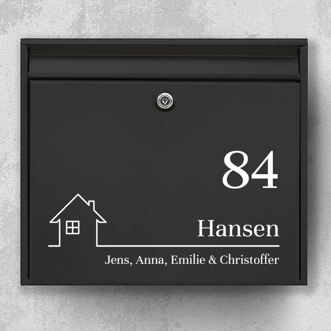 Postkasse-sticker med hus-ikon og stort husnummer – klassisk layout med efternavn og familielinje – vejrbestandig vinyl