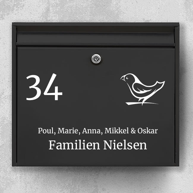 Postkassesticker – fugle-ikon med husnummer, familienavn & fornavne