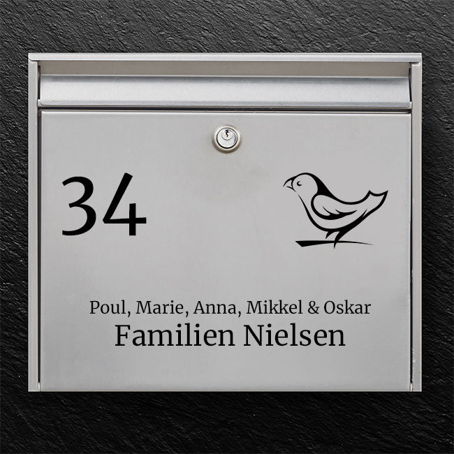 Postkassesticker – fugle-ikon med husnummer, familienavn & fornavne