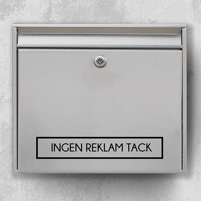 Reklamefri postkasse-mærkat med teksten “Ingen reklamer tak” – moderne kant