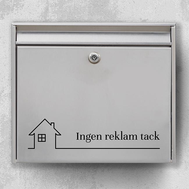 Navneskilt til postkasse uden reklamer – diskret design med hus-symbol og teksten “Ingen reklamer, tak” – robust udendørs label