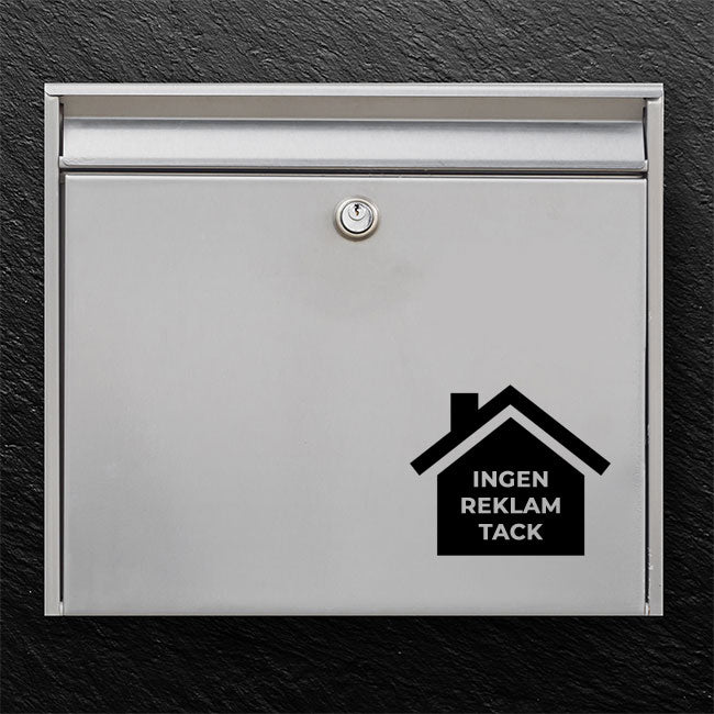 Postkasse klistermærke med hus-ikon – “Ingen reklamer, tak” på sølv postkasse
