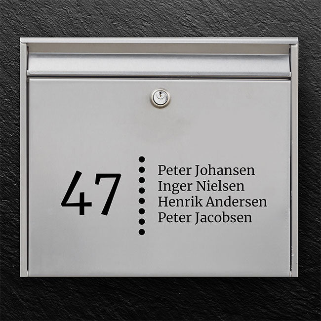 Postkassesticker – husnummer med prikket skillelinje & navneliste