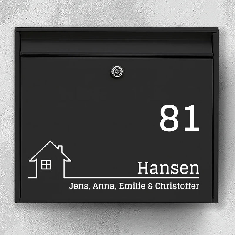 Postkassesticker – hus-ikon, stort husnummer & familienavn