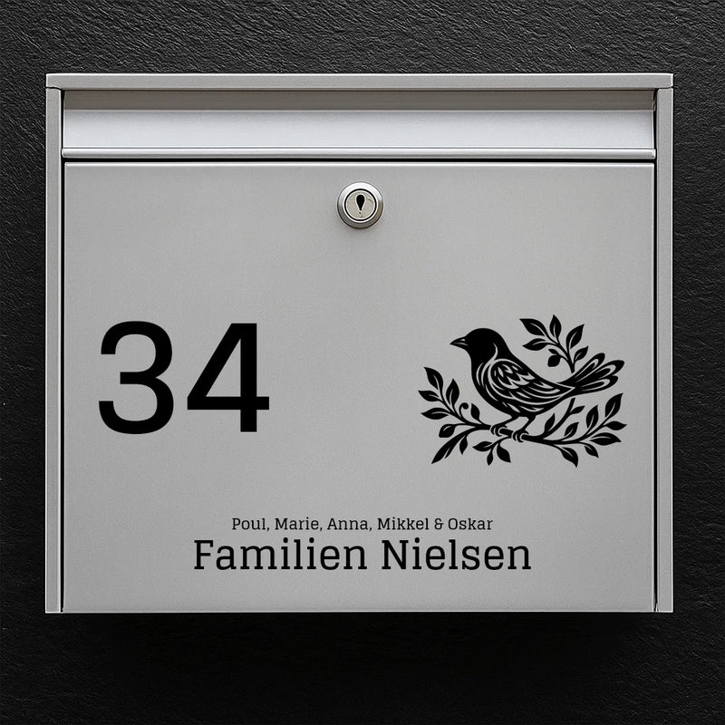 Postkassesticker – fugle-ikon med husnummer, familienavn & fornavne