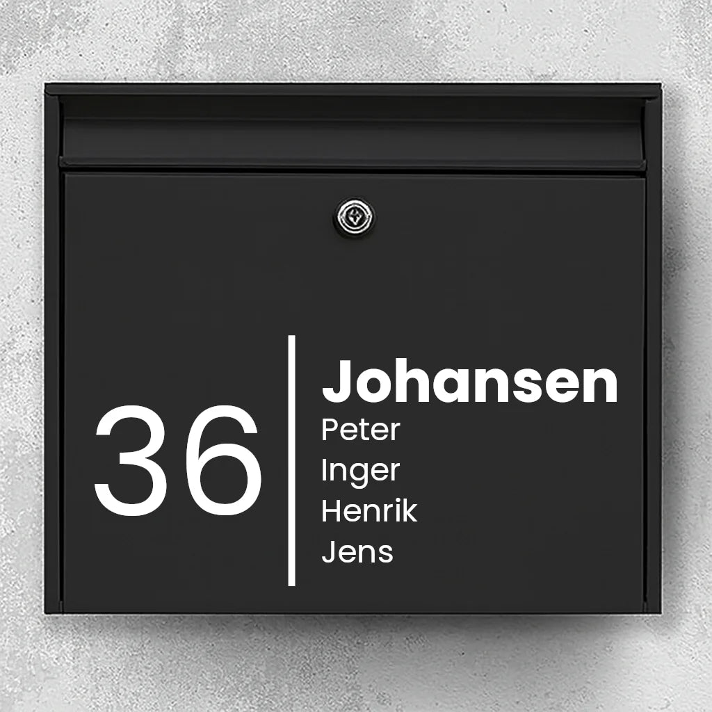 Postkassesticker – stilfuldt design med efternavn, fornavne & husnummer