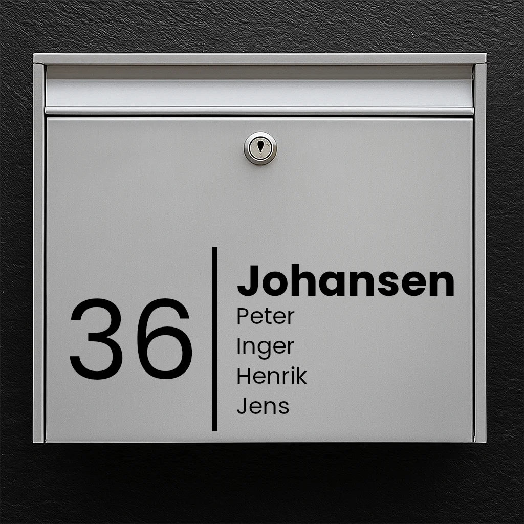 Postkassesticker – stilfuldt design med efternavn, fornavne & husnummer