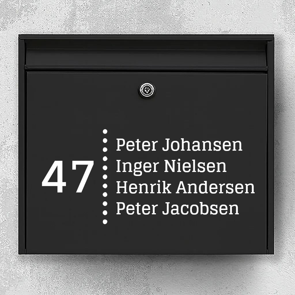 Postkassesticker – husnummer med prikket skillelinje & navneliste