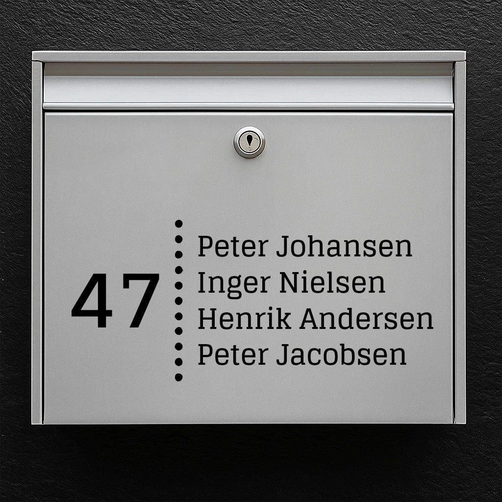 Postkassesticker – husnummer med prikket skillelinje & navneliste