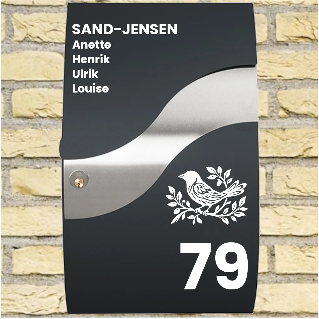 Postkassesticker – Wave-layout med fuglemotiv, efternavn, fornavne & husnummer