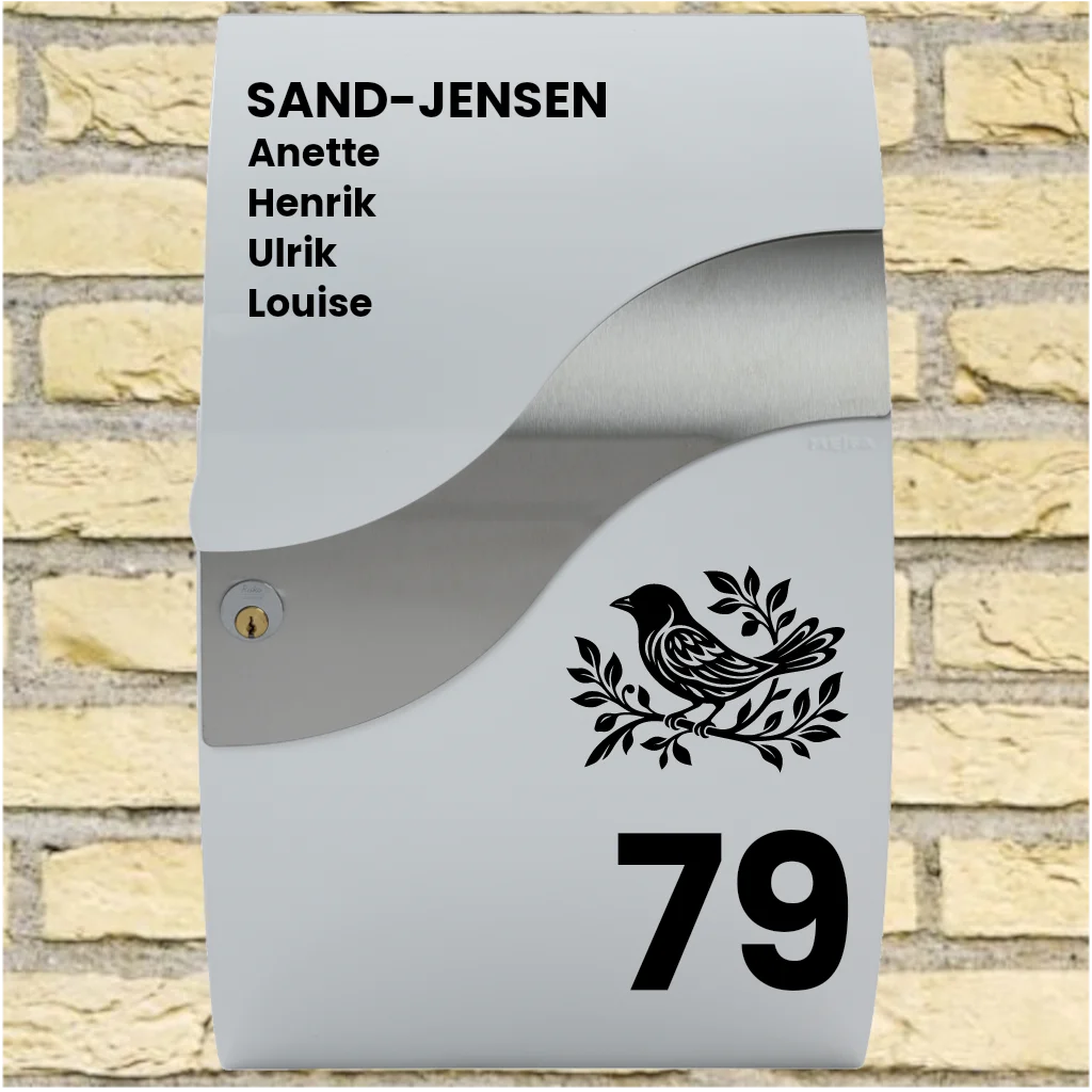 Postkassesticker – Wave-layout med fuglemotiv, efternavn, fornavne & husnummer