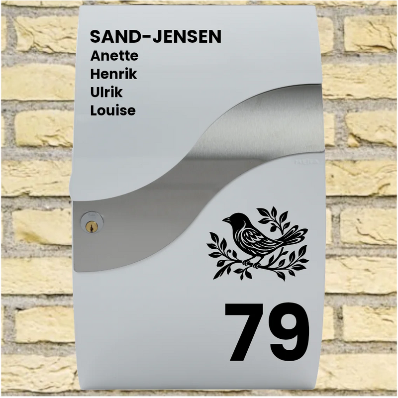 Postkasseklistremerke – Wave-layout med fuglemotiv, etternavn, fornavn & husnummer