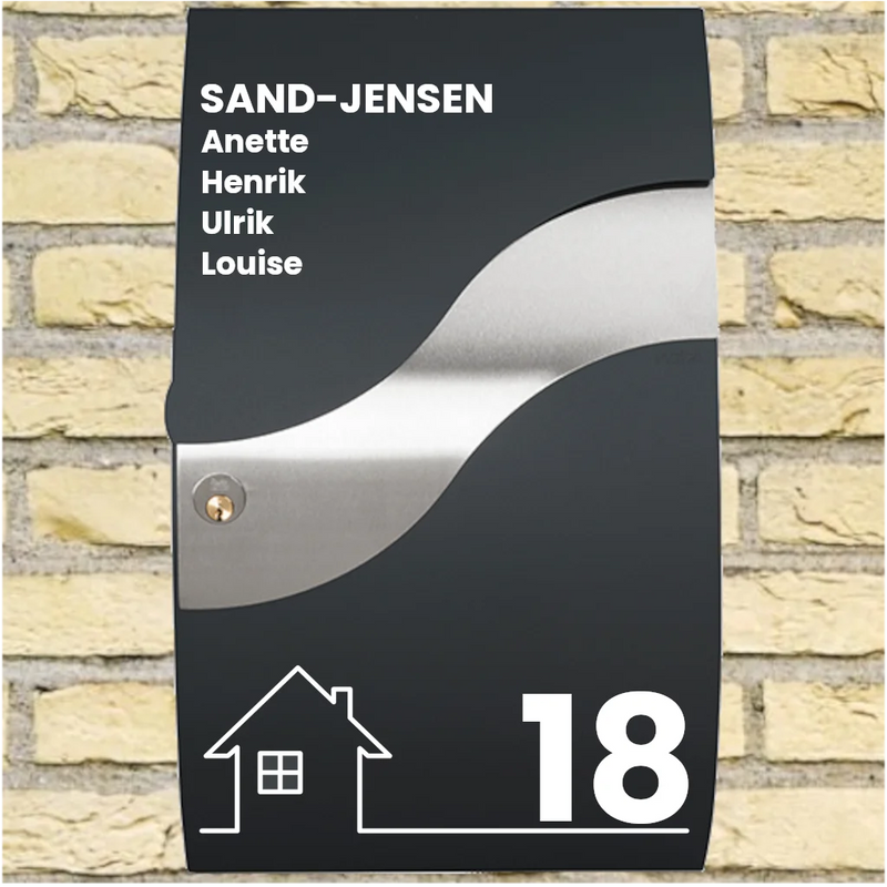 Postkasseklistremerke – Wave-layout med husmotiv, etternavn, fornavn & husnummer