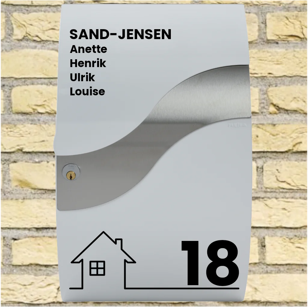 Postkassesticker – Wave-layout med husmotiv, efternavn, fornavne & husnummer