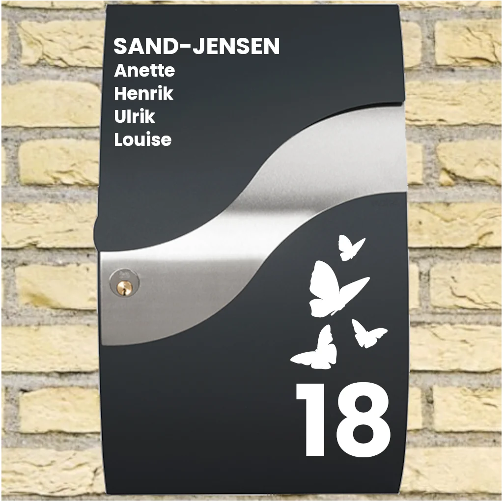 Postkassesticker – Wave-layout med sommerfuglemotiv, efternavn, fornavne & husnummer