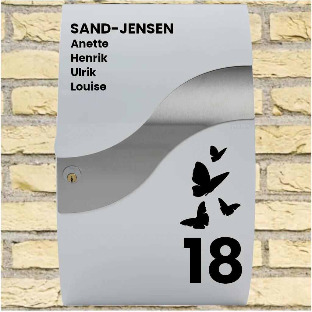 Postkassesticker – Wave-layout med sommerfuglemotiv, efternavn, fornavne & husnummer